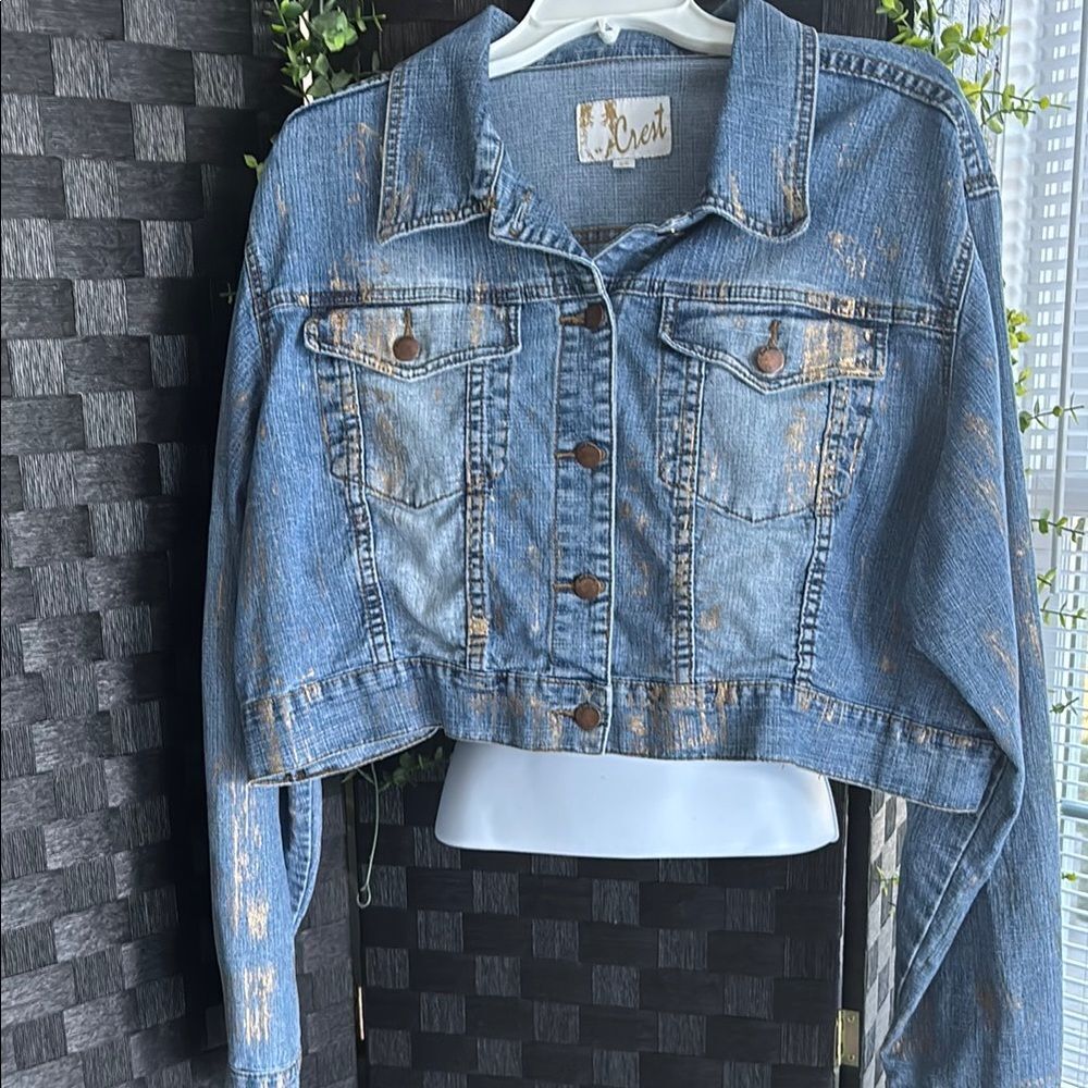 Crest Blue Distressed Jean Jacket with gold detail